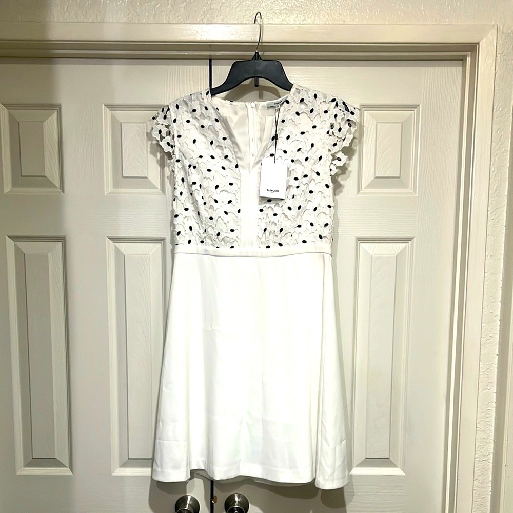 NWT SUNCOO PARIS ROBE CHARLINE WHITE  FLORAL LACE FIT AND FLARE DRESS SIZE L